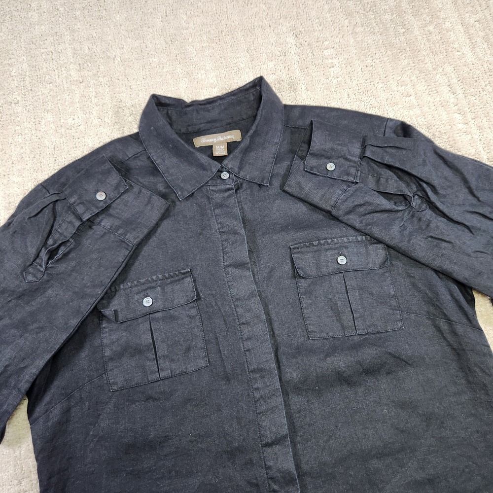 Tommy Bahama Shirt Women Medium 100% Linen Button Up Black Minimal Luxury Beach